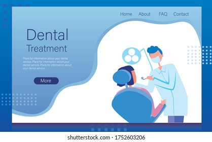 Layout of the Internet site for dentistry or dental clinic. Stock vector flat illustration, layout or web template with patient and dentist during dental treatment. Site layout for landing