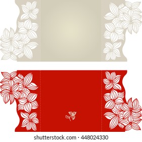 Layout invitation card with floral pattern in red and grey for weddings and other celebrations. Suitable for laser cutting. Open envelope. The front and rear side