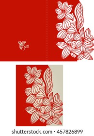 Layout invitation card with floral pattern in red color for weddings and other celebrations. Suitable for laser cutting. Open envelope.