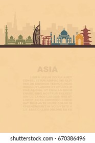 The layout of the leaflets with the architectural landmarks to Asia and a place for text on aged paper