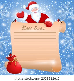 Layout letter on scroll parchment to Santa Claus with inscription "Dear Santa" and red bag. Christmas wish list.