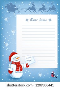 Layout letter to Santa Claus with cartoon funny Snowman with Christmas letter for Santa Claus and sleigh with reindeer team and Santa Claus in flying in the sky