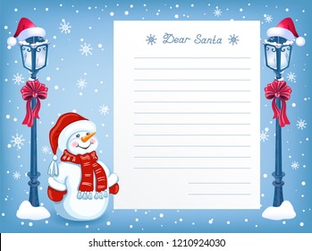 Layout letter to Santa Claus with cartoon funny Snowman in santa hat and Christmas vintage streetlamp with red bow