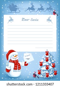 Layout letter to Santa Claus and cartoon funny Snowman with Christmas letter for Santa, with fir tree and sleigh with reindeer team in flying in the sky