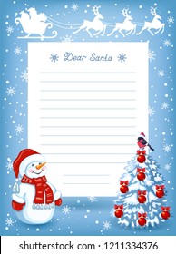 Layout letter to Santa Claus and cartoon funny Snowman in red Santa hat, with fir tree and sleigh with reindeer team in flying in the sky