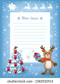 Layout letter to Santa Claus and cartoon funny deer with Christmas wish list for Santa, spruce tree with deer and sleigh with reindeer team flying in the sky