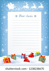 Layout letter to Santa Claus with gift boxes in snowdrifts and sleigh with reindeer team in flying in the sky