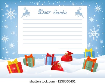 Layout letter to Santa Claus with gift boxes in snowdrifts with snowflakes