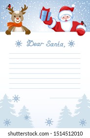 Layout letter to Santa Claus with inscription "Dear Santa" and cartoon funny deer reindeer with Santa Claus with Christmas gift box and with bullfinch bird.