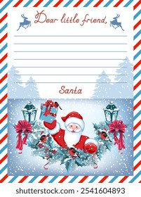 Layout letter from Santa Claus with inscription "Dear little friend" and cartoon Santa with Christmas gift box, bullfinch and spruce garland.