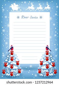 Layout letter to Santa Claus with two fir tree and sleigh with reindeer team in flying in the sky