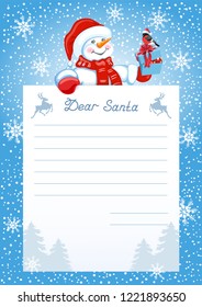 Layout letter to Santa Claus with wish list and cartoon funny Snowman with Christmas gift box and bullfinch