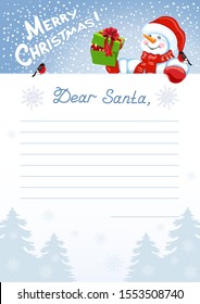 Layout letter to Santa Claus with wish list and cartoon funny Snowman with Christmas gift box and bullfinch