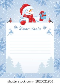 Layout letter to Santa Claus with wish list and cartoon funny Snowman with Christmas gift box and bullfinch