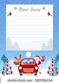 Layout letter to Santa Claus with wish list and cartoon funny Santa Claus and fawn deer in red vintage car with gift box against winter forest background.