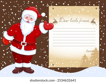 Layout letter template from Santa Claus with inscription "Dear little friend" and cartoon Santa in the background of snowfall.