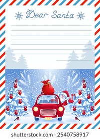 Layout letter template to Santa Claus with inscription "Dear Santa" and cartoon funny Santa Claus in red vintage car with gift box against winter forest background. New Year card.