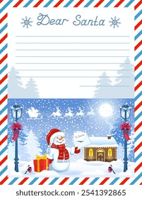 Plantilla de carta de diseño a Santa Claus con la inscripción "Querida Santa" y muñeco de nieve de dibujos animados con sobre en el fondo de nevada. Tarjeta de Nuevo Año.