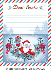 Layout letter template to Santa Claus with inscription "Dear Santa" and cartoon Santa with Christmas gift box, bullfinch and spruce garland.