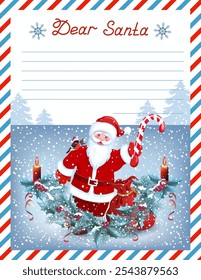 Modelo carta layout para Papai Noel com a inscrição "Querido Papai Noel" e desenho animado Papai Noel com bengala de doces listrados de Natal, bullfinch e horta de abeto.