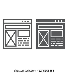 Layout line and glyph icon, website and design, template window sign, vector graphics, a linear pattern on a white background, eps 10.