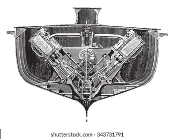 Layout of machines of the bus boats Company of Paris service. front view, vintage engraved illustration. Industrial encyclopedia E.-O. Lami - 1875.
