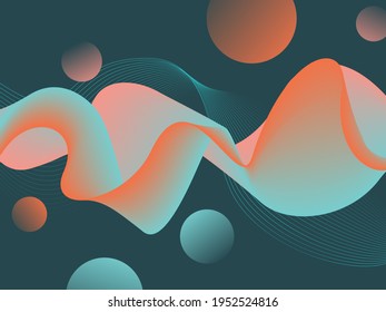 Layout made of flowing gradient curved lines on a blue background. Decorative elements are located around. Vector illustration.