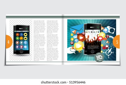 Revista de diseño con ilustración de aplicaciones móviles empresariales, vector