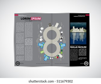 Layout magazine with city illustration