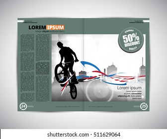 Layout magazine with large sport illustration. Editable vector 