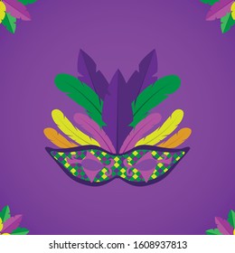 Layout of Mardi Gras mask vector, isolated in purple background