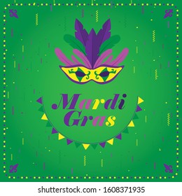 Layout of Mardi Gras vector with smile shaped flags, isolated in green background