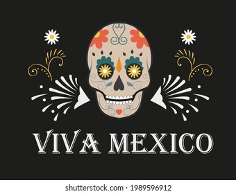 Layout with a Mexican skull and patterns on a black background. An element of traditional culture. A postcard for the day of death.