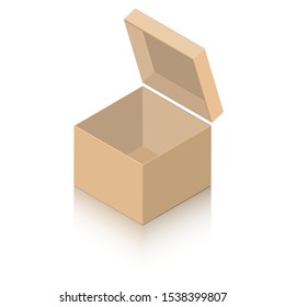 Layout of a miniature cardboard box with an open hinged lid. Object on a white background with a mirror shadow for icons, advertising, website content. Isometric style.