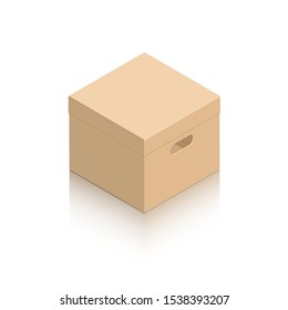 Layout of a miniature closed cardboard box and carved handles. Object on a white background with a mirror shadow for icons, advertising, website content. Isometric style.