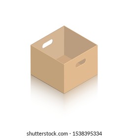 Layout of a miniature open cardboard box and carved handles. Object on a white background with a mirror shadow for icons, advertising, website content. Isometric style.