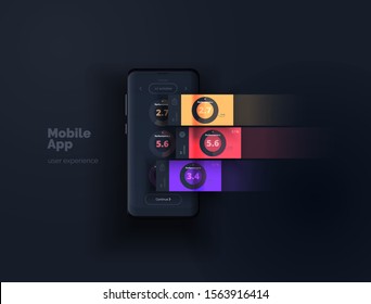 Layout mobile app. A mobile device with a user interface layout with active blocks in layers. User experience design. Vector illustration.