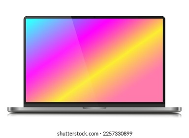 The layout of a modern laptop in a silver thin metal case. Realistic laptop with a color gradient screen and reflection on a white background. Vector illustration.