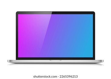 The layout of a modern laptop in a silver thin metal case. A realistic laptop with a pink and blue gradient screen and reflection on a white background. Vector illustration.