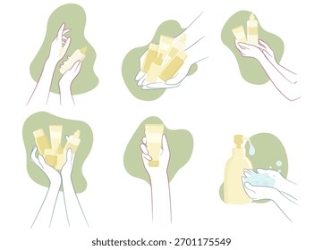 layout de gestos de mão múltipla segurando e usando vários itens de cuidados com a pele: garrafas de bomba, tubos, sabão e conta-gotas. Tons de cores suaves exibem rotinas de beleza e etapas de aplicação cosmética.