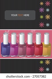 A layout with nail polish bottles in various colors. Vertical orientation, copy space is in the left top part of the composition.