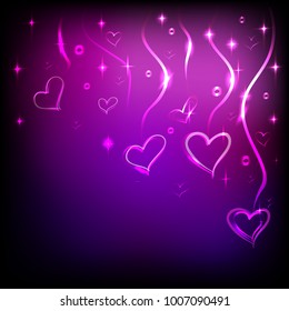 Layout of neon hearts and stars and dark background