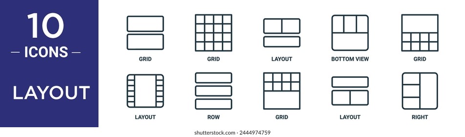 conjunto de iconos de esquema de diseño incluye cuadrícula de línea fina, cuadrícula, diseño, vista inferior, cuadrícula, diseño, iconos de fila para informe, presentación, diagrama, Diseño web