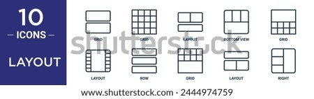 layout outline icon set includes thin line grid, grid, layout, bottom view, grid, layout, row icons for report, presentation, diagram, web design