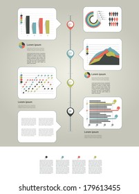 Layout page of business graph collection. Modern scheme, page structure with text fields, speech bubbles and charts. 