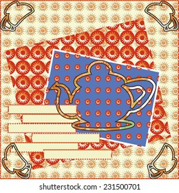 Layout patterned square sheet of painted paper-like elements of jewelry design with a pot in the middle and at the edges of cards teacups, there is room for text.