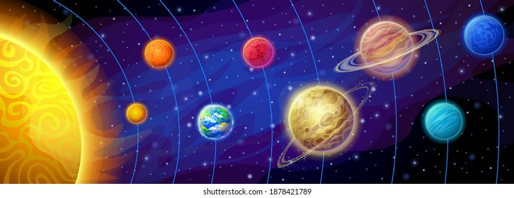 The layout of the planets of the solar system in space. Vector illustration of planets relative to the sun.