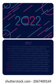 Layout of a pocket calendar with a grid for 2022. Dark blue background, bright design elements and grids. English version of the grid