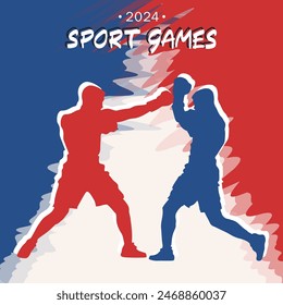 Layout poster with hand drawn silhouette of two boxers in mid-fight against the France flag background, representing sport championship event in Paris. Boxing sport