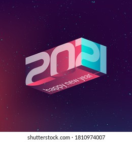 Layout of a poster or invitation card for a new year's party. Three-dimensional object in outer space with a projection of the inscriptions 2021 and happy new year.